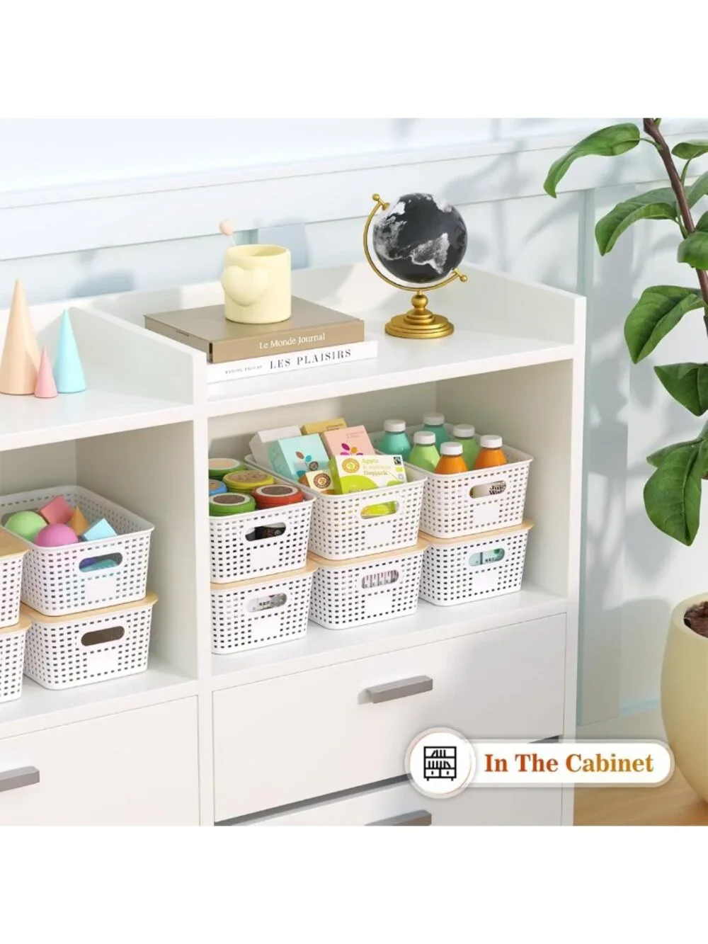 Stackable Plastic Storage Baskets with Bamboo Lids - 6 Pack for Organizing Home